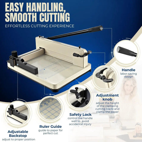 Heavy Duty 12 Inch Guillotine Paper Cutter For A4 Papers Up To 400 Sheets With Metal Base Trimmer features and parts description.