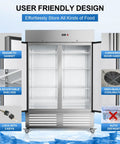 54 Inch Wide Two Door Commercial Freezer Featuring 49 Cubic Feet Of Sleek Stainless Steel Build And Automated Digital Thermostat Control with adjustable shelves and user-friendly features.