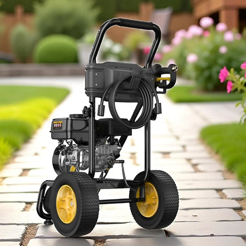 Heavy Duty Gas Pressure Washer That Whips Dirty Decks And Driveways Clean In Seconds With 3500 PSI And 2.6 GPM on pathway.