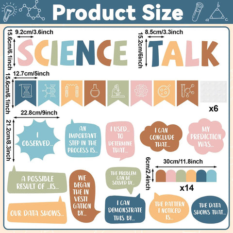 Science Themed Bulletin Board Set For Classrooms With Cool Boho Vibe Back To School Classroom Decoration Kit Includes Science Talk Title Banner 12 Sentence Starters 8 Banner Cutouts 14 Borders And 6 Sheets Dots showing product design and size