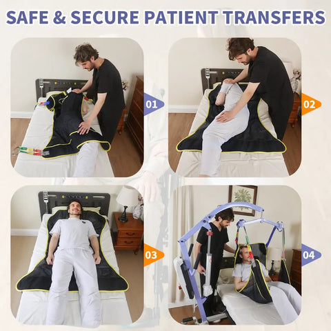 Super Cool And Durable Full Body Mesh Patient Lift Sling For Electric Ceiling Hoists With Quick Dry Breathable Fabric And 500 Lb Capacity For Easy Elderly Transfer in use during patient transfer.