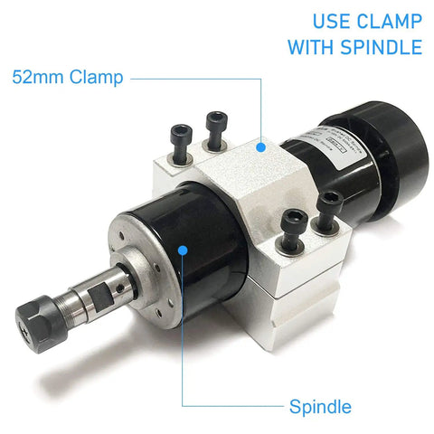 52mm Spindle Clamp Mounting Bracket for CNC Milling Machines and Spindle Motors, showing spindle and clamp with locking slot.