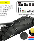 Waterproof Bike Saddle Bag With Expandable 10L And 13L Capacity Under Seat Pouch showing size and material details.