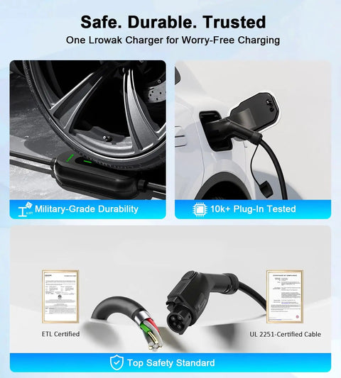 Level 1 And 2 Portable EV Charger For All EVs 16 Amp 110V To 240V 21 Ft Cable shown charging an electric vehicle
