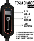 Tesla Portable Mobile Charger 32A Adjustable Amperage With Nacs J1772 Adapter Scheduled Smart Plug Touchscreen Display Model 3 Y showing control panel with OLCD screen.