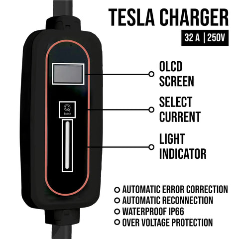 Tesla Portable Mobile Charger 32A Adjustable Amperage With Nacs J1772 Adapter Scheduled Smart Plug Touchscreen Display Model 3 Y showing control panel with OLCD screen.