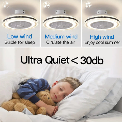Bladeless Ceiling Fan With Lights And Remote, 21 Inch Flush Mount, 3 Speeds, quiet airflow over sleeping child
