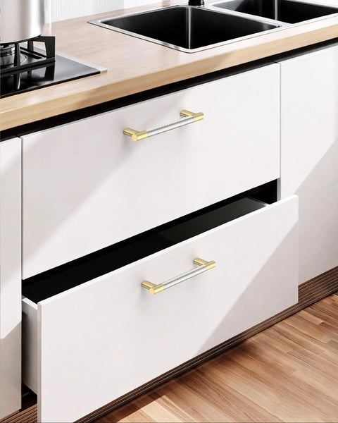 Beefy 6.3 Inch Cabinet Pulls Set Of 10 Gold And Nickel Knurled Brushed Finish on kitchen drawers