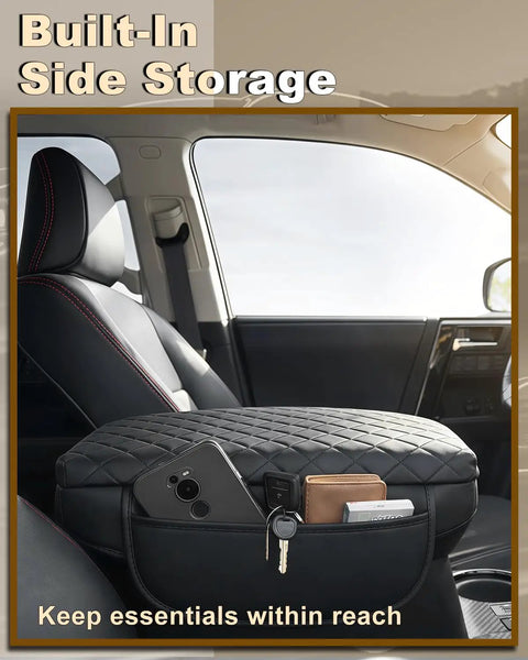Armrest Cover For Jeep Wrangler JL Center Console Pad With Organizer Pockets Black Faux Leather Arm Rest Lid Cushion For 2018 To 2026 JL And Gladiator JT in car interior with essentials in pockets