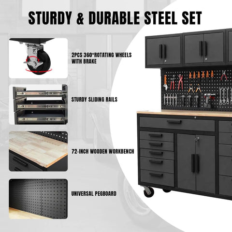 72 Inch Rolling Tool Chest On Wheels With 11 Drawers, Pegboard, Three Upper Cabinets, A Two Door Cabinet, And Built In Power Strip