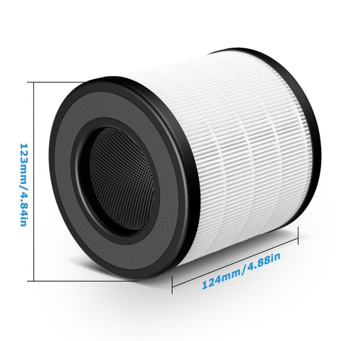 3-In-1 Replacement Filter For FULMINARE PU-P05 And Purivortex AC201B Air Purifiers, cylindrical design, dimensions labeled