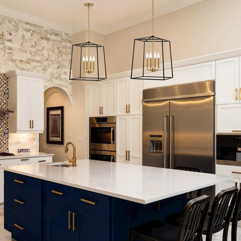 Dope Two Tone Farmhouse 4 Light Pendant Chandelier In Black And Warm Brass with Geometric Cage over kitchen island