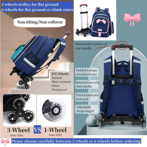 Girls Rolling Backpack Set Three Piece With Bowknot Design Wheels And Lunch Tote Handbag Trolley Bag For Elementary School Use Large Capacity 33.8 Liters Bookbag Carry On Luggage Ideal For School Commutes And Weekend Travel, showing features like wheels and retractable handle.