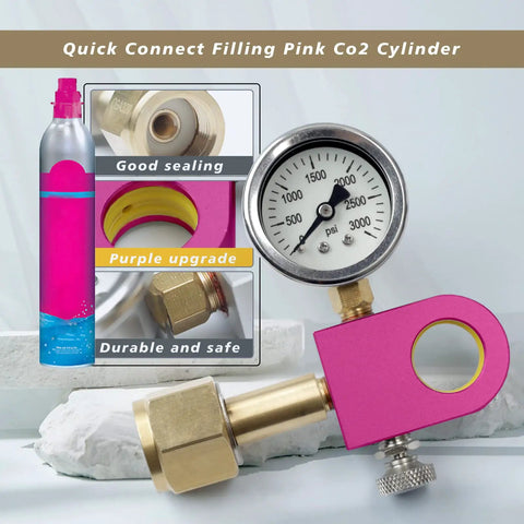 Purple Upgrade Soda Refill Adapter For 60L Pink CO2 Cylinders with pressure gauge, showing good sealing and durable build.