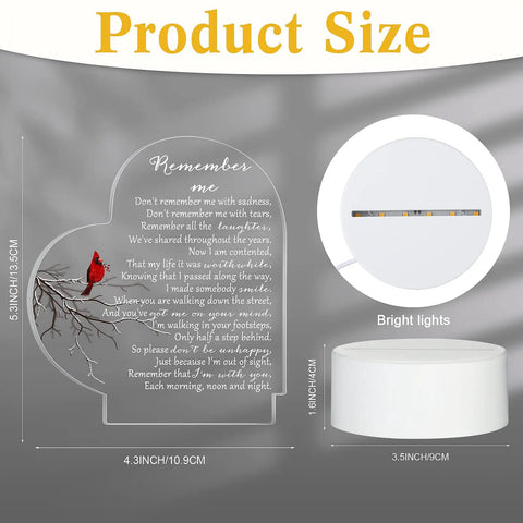 Heart Shaped Memorial Night Light With Clear Crystal Acrylic Base LED Remembrance Sign For Loss Of A Loved One Heartfelt Condolence Gift Red Cardinal Bird Style Keepsake shown with product dimensions and LED base.
