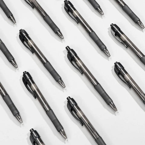 100 Pack Bulk Black Ink Click Pens With Soft Comfort Grip For Office And School Featuring Retractable Design And Zero Bleed Technology Solid Pen Set arranged neatly on a white surface.