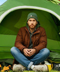 Lightweight Two Person Tent For Camping All Weather All Season With Easy Up Design and waterproof shelter with man seated inside.
