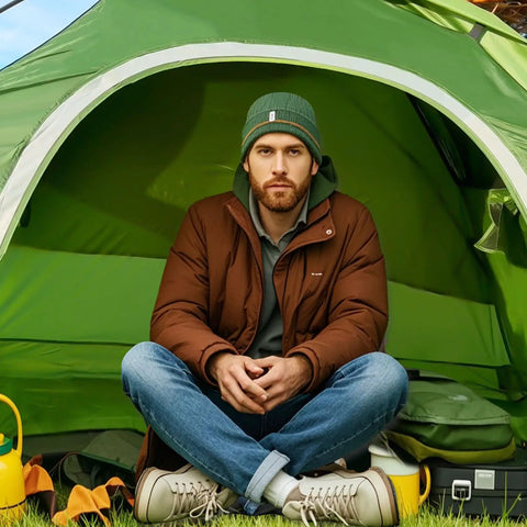 Lightweight Two Person Tent For Camping All Weather All Season With Easy Up Design and waterproof shelter with man seated inside.