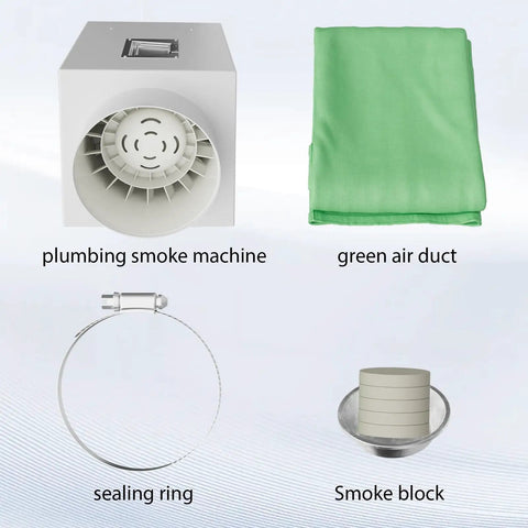 Straight Shooter No Fuss Heavy Duty Sewer Smoke Test Blower And Portable Plumbing Ventilation Smoke Machine components including green air duct.