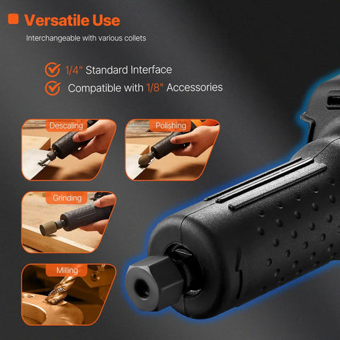 Close-up of Heavy Duty Workhorse Die Grinder with interchangeable collets, showing variable speed for versatile rust removal and polishing.