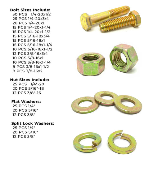 Hex Cap Screws Nuts Washers And Lock Washers Assortment Kit 380 Pieces In Sizes One Quarter Inch Five Sixteenths Inch Three Eighths