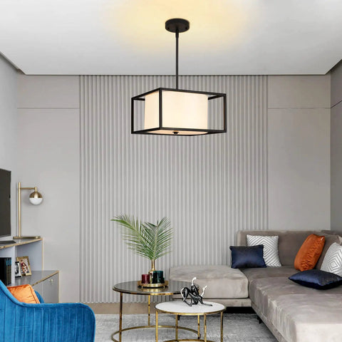 Dope Modern Semi Flush Mount Ceiling Light With Fabric Drum Shade And Black Metal Frame in a living room setting