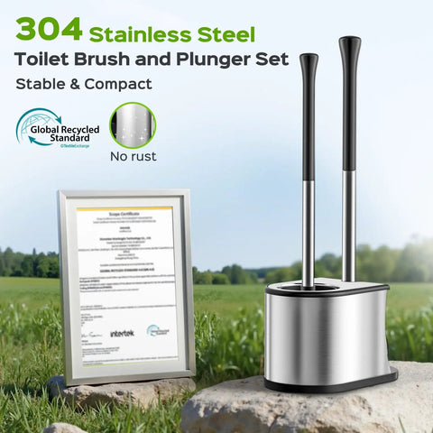 Heavy Duty Toilet Plunger And Brush Set Straight Up Built To Crush Stubborn Clogs With Zero Sweat Featuring Stainless Steel Handle and compact design.