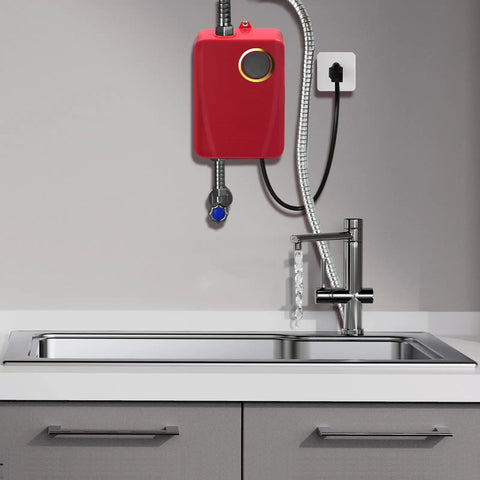 Compact Wall Mounted Tankless Electric Water Heater Featuring A Top Shelf 3000W Instant Hot On Demand Setup for kitchen sink.