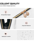 Hella Chic Black And White Piano Key Print Travel Makeup Bag, Durable PVC Cosmetic Pouch For Women, showing strong metal zipper and waterproof leather.