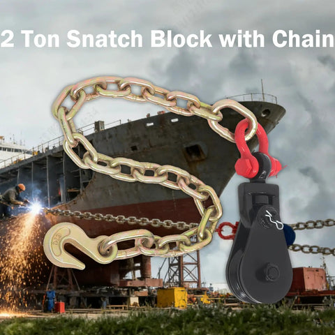 Heavy Duty 2 Ton Snatch Block With 2 Ft Steel Chain And 3 Inch Sheave For Lifting, Towing, And Winching On Demanding Jobs, Built To Handle A 4400 Lb Working Load Limit, shown with chain and hook