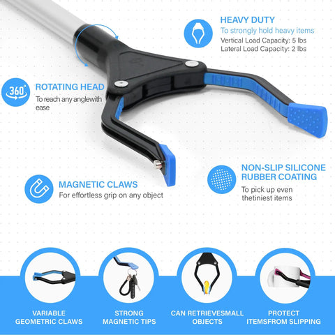 32 Inch Foldable Reacher Grabber Tool With Magnetic Tip For Seniors And Disabled Extra Strong Grip Super Handy For Easy Clean Up And Litter Pick Up Post Surgery Recovery Aid Blue