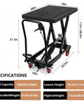 Built Tough Hydraulic Lift Table Cart, 500 Lb Scissor Platform dimensions and specifications on black background.
