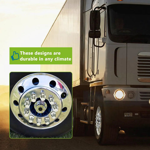 Truckers Favorite Flat Top Lug Nut Covers 20 Pack Chrome ABS Plastic Thread On 33mm To Two Point Seven Five Inch Anti Rust Screw On Nut Covers For Semi Trucks Heavy Duty Haulers Weatherproof Durable Chrome Finish installed on semi truck wheel