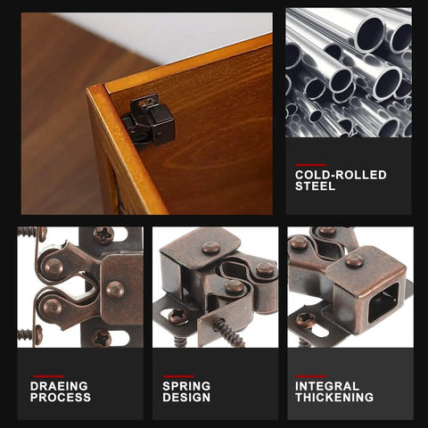 20 Pcs Cabinet Door Catches Double Roller Push Release Latches built from cold rolled steel, showcasing installation on wood