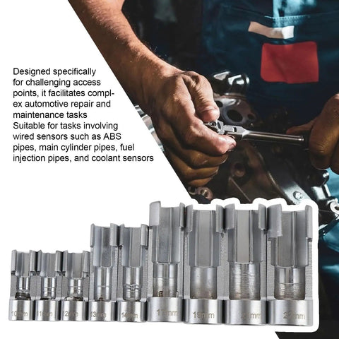 Mechanic using 9 Piece Fuel Line Socket Set With Three Eighths And One Half Inch Drive From Ten To Twenty Two Millimeter Sizes CRV Steel Construction Automotive Repair Tool Kit For Pros And DIYers Durable Sockets For Fuel Line Connectors