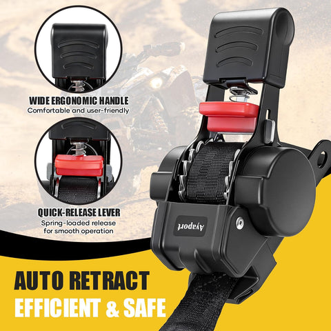 Close-up of Retractable Tie Down Straps For Any Trailer 1In By 6Ft Bolt On with ergonomic handle and quick-release lever