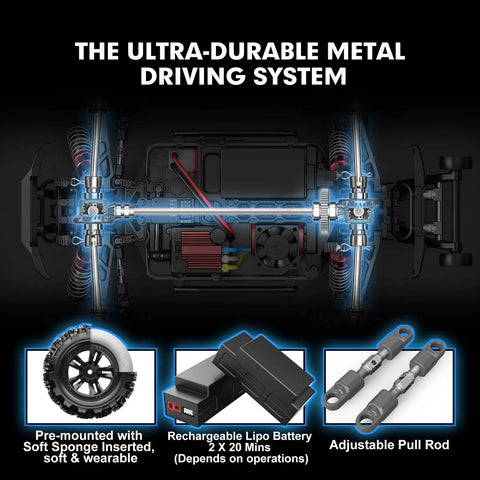 1/16 Scale Brushless 4x4 RC Truck With Dual Lipo Batteries, Off Road Rampage Ready, showing durable metal driving system
