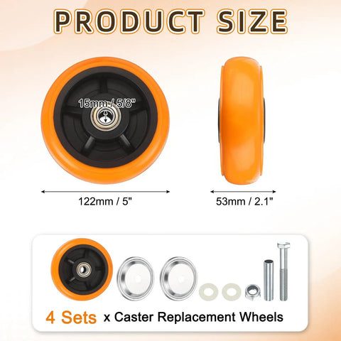 Built Like A Tank Six Inch Industrial Caster Wheels With Heavy Duty Replacement Rollers showing 5 inch orange wheel and mounting hardware.