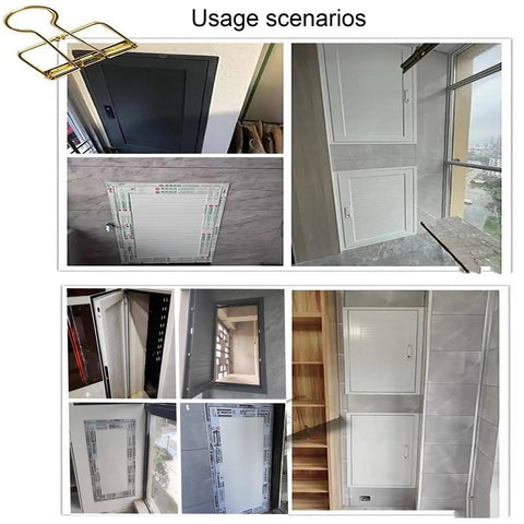 Sleek Aluminum Attic Access Door With Heavy Duty Handle For Zero Hassle Drywall Tuck Away Wall Concealment Hatch Cover In Smooth Gray Solid Pick For Homes installed in various settings.