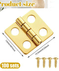 Set Of One Hundred Gold Mini Brass Hinges For Small Boxes And Crafts Featuring Easy Peasy Assembly With Sweet Swing Action And Included Mounting Nails, measuring 13.5x12mm.