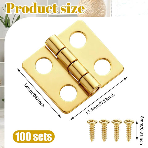 Set Of One Hundred Gold Mini Brass Hinges For Small Boxes And Crafts Featuring Easy Peasy Assembly With Sweet Swing Action And Included Mounting Nails, measuring 13.5x12mm.