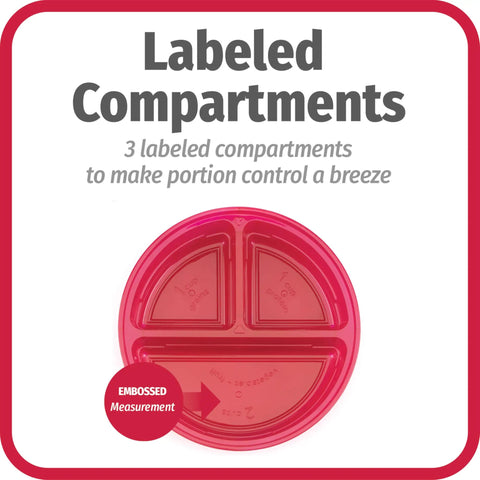 Red round container with labeled compartments for portion control, Meal Prep Containers Set 10 Piece BPA Free Round Food Storage
