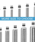Stainless steel fully threaded rods, M3–M20 range, 2 pieces per size on a size-chart banner.