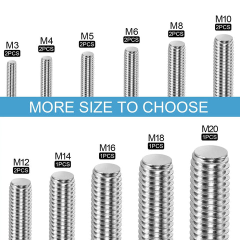 Various sizes of stainless steel fully threaded rods including 1 Pack M16 2 Mm Pitch Fully Threaded Rod Studs 300 Mm Long, ideal for DIY