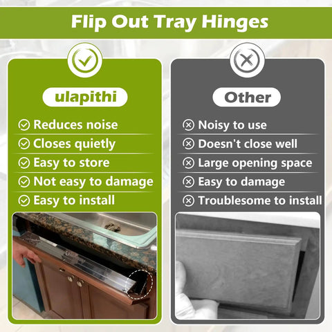 Comparison of ulapithi flip out tray hinges vs other hinges highlighting features and installation guide.