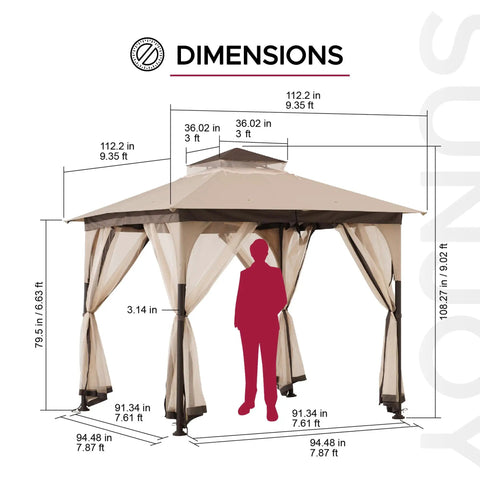 Dimensions of 9 Ft By 9 Ft Soft Top Gazebo With 2 Tier Canopy Roof No Fuss Setup Durable Steel Frame Easy Tension Adjustment.