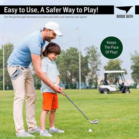 Father and son golfing with Portable Golf Ball Cleaner For On Course Use Personal Ball Washer clipped to the bag