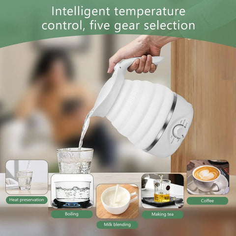 Person using Travel Foldable Electric Kettle With Collapsible Food Grade Silicone 700ml Capacity Fast 850W Boiling For Tea And Coffee On The Go 110V Portable White Design to pour hot water.