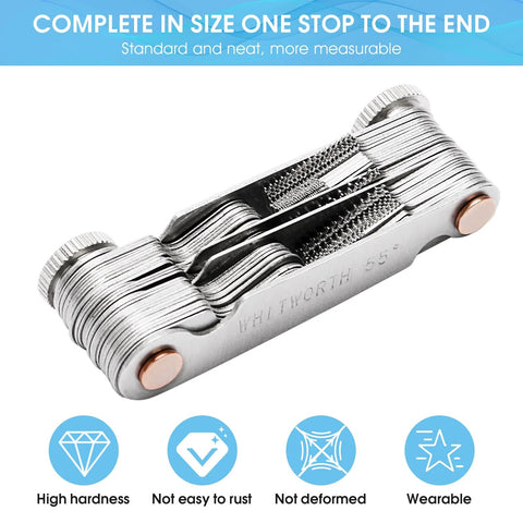 3-in-1 stainless steel thread pitch gauge with locking screw; metric 60°, Whitworth 55°, SAE 60°