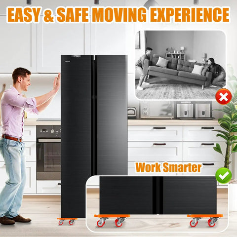 Heavy Duty Furniture Movers And Rolling Dolly Kit Built For Brutally Heavy Loads with refrigerator on dolly in kitchen.